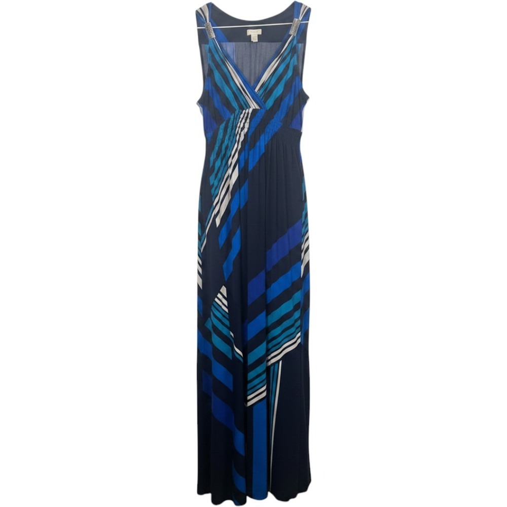 Chicos Blue Geometric Striped Sleeveless Maxi Dress Size 2 Large Embellished